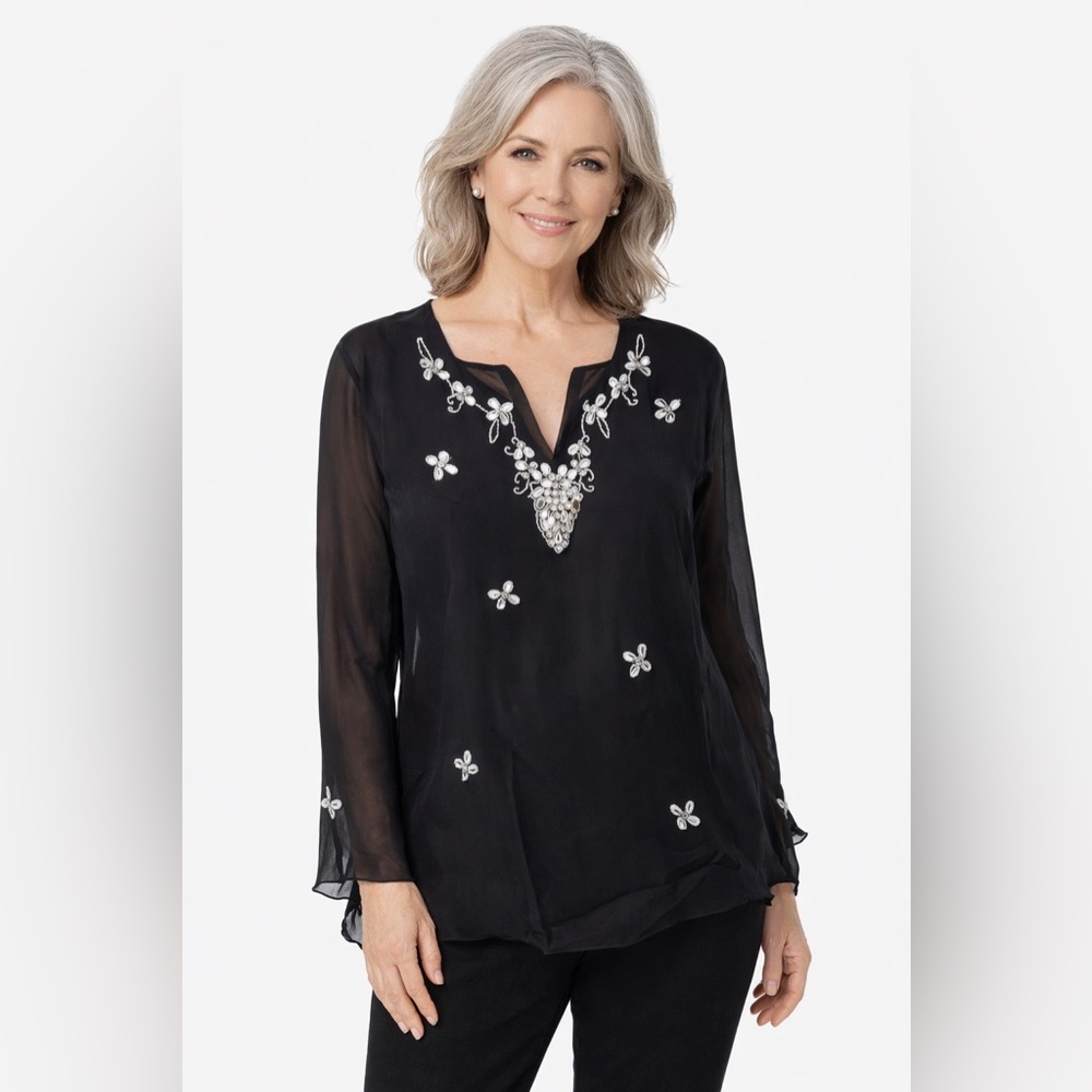 SilkLand Black 100% silk Embellished sheer Long Sleeve‎ Blouse 2X